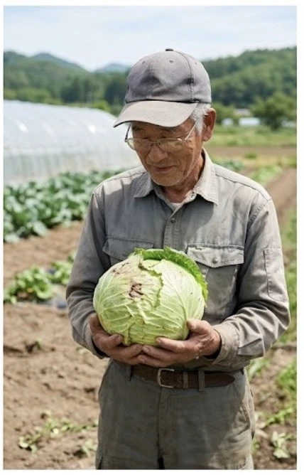 畑でキャベツを抱える生産者