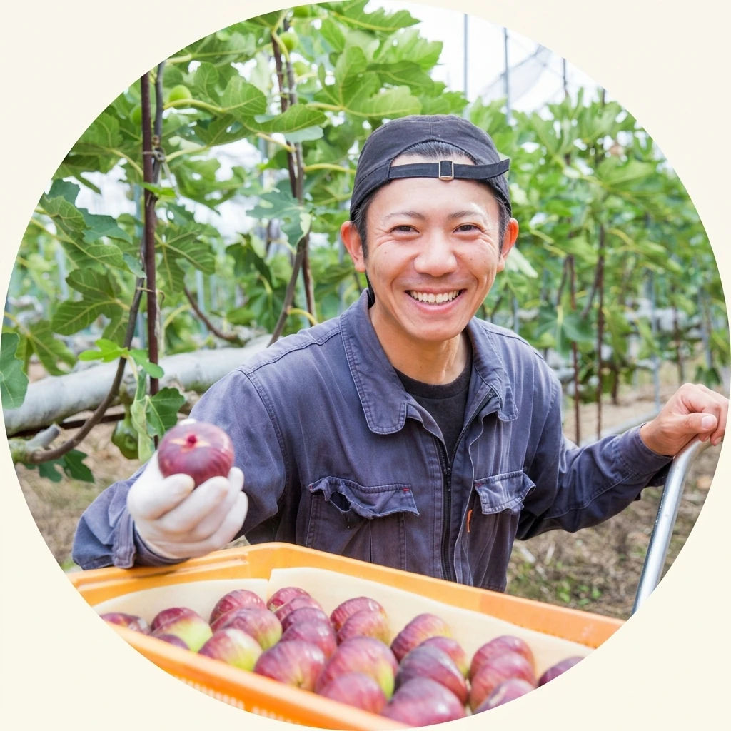 畑で収穫した作物を手にする生産者